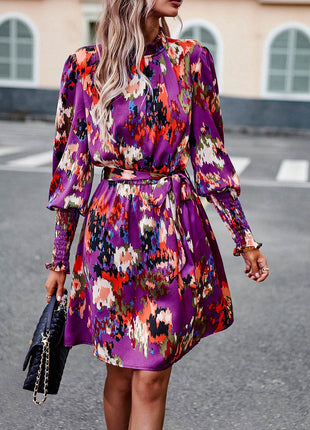 Printed Tie Waist Mock Neck Lantern Sleeve Dress - MimiStylez