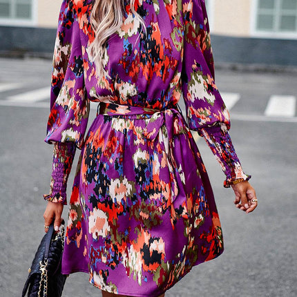 Printed Tie Waist Mock Neck Lantern Sleeve Dress - MimiStylez