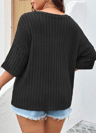 Plus Size V-Neck Ribbed Knit T-Shirt - MimiStylez