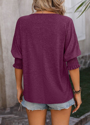 Heathered Notched Lantern Sleeve Blouse - MimiStylez
