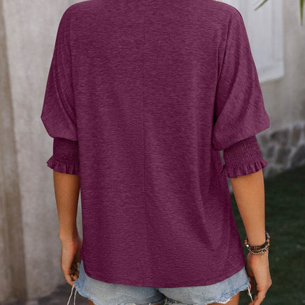 Heathered Notched Lantern Sleeve Blouse - MimiStylez