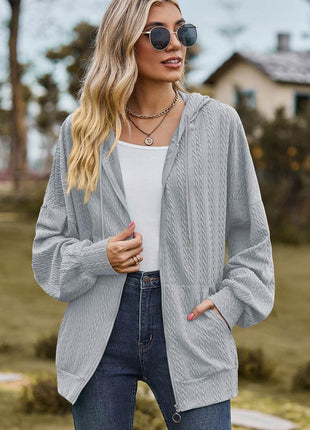 Drawstring Zip Up Dropped Shoulder Hoodie - MimiStylez