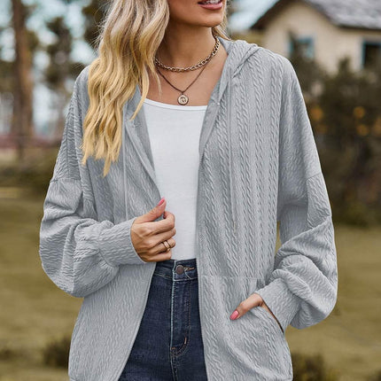 Drawstring Zip Up Dropped Shoulder Hoodie - MimiStylez