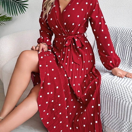 Tied Polka Dot Long Sleeve Midi Dress - MimiStylez