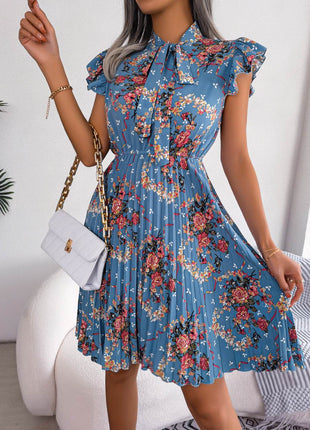 Pleated Floral Printed Tie Neck Knee Length Dress - MimiStylez