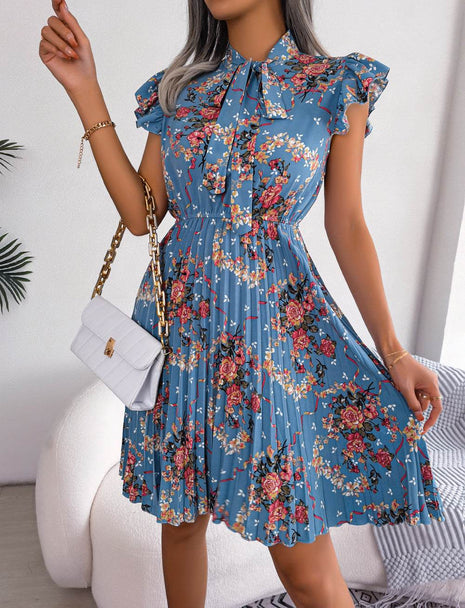 Pleated Floral Printed Tie Neck Knee Length Dress - MimiStylez