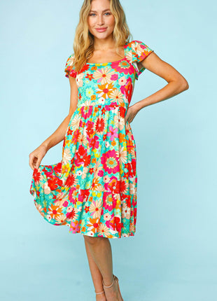 Haptics Floral Square Neck Short Sleeve Dress - MimiStylez