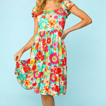 Haptics Floral Square Neck Short Sleeve Dress - MimiStylez
