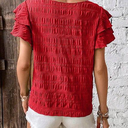 Round Neck Flounce Sleeve Blouse - MimiStylez
