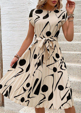 Tied Pleated Printed Cap Sleeve Dress - MimiStylez