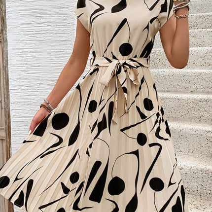 Tied Pleated Printed Cap Sleeve Dress - MimiStylez