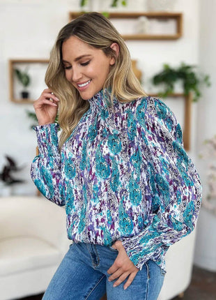 Double Take Full Size Printed Smocked Long Sleeve Blouse - MimiStylez