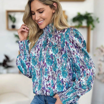 Double Take Full Size Printed Smocked Long Sleeve Blouse - MimiStylez
