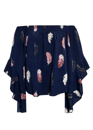 Feather Print Smocked Off-Shoulder Blouse - MimiStylez