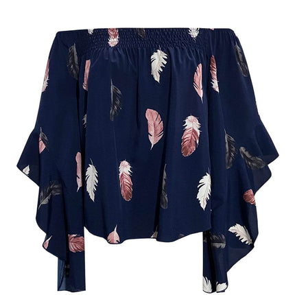 Feather Print Smocked Off-Shoulder Blouse - MimiStylez