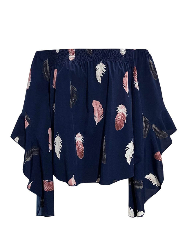 Feather Print Smocked Off-Shoulder Blouse - MimiStylez