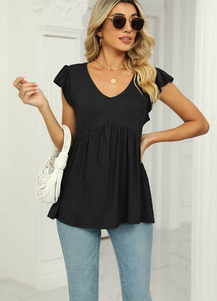 V-Neck Flutter Sleeve Babydoll Blouse - MimiStylez