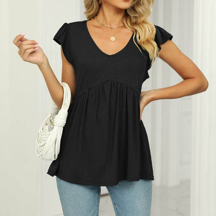 V-Neck Flutter Sleeve Babydoll Blouse - MimiStylez