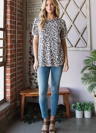 Heimish Leopard Round Neck Petal Sleeve T-Shirt - MimiStylez