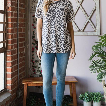 Heimish Leopard Round Neck Petal Sleeve T-Shirt - MimiStylez