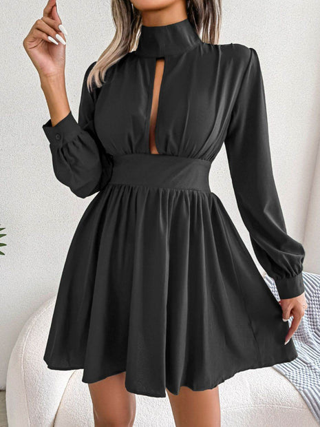 Cutout Turtleneck A-Line Mini Dress - MimiStylez