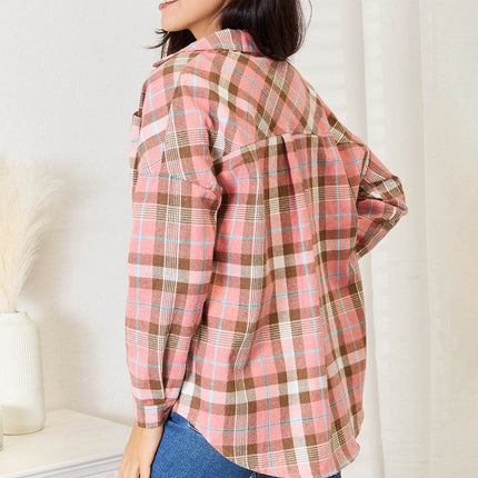 Double Take Plaid Collared Neck Long Sleeve Button-Up Shirt - MimiStylez
