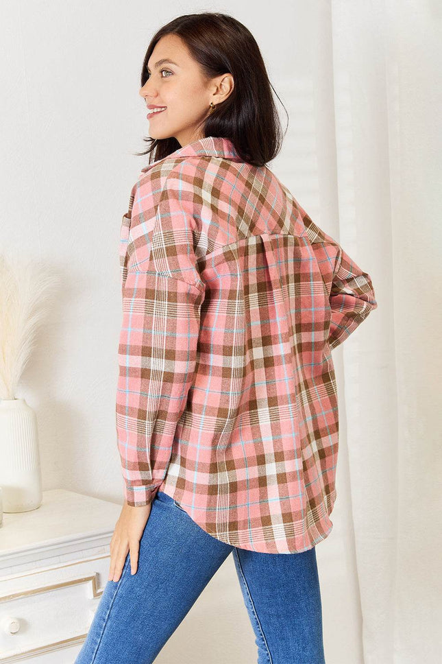 Double Take Plaid Collared Neck Long Sleeve Button-Up Shirt - MimiStylez