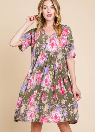 BOMBOM Flower Print V-Neck Ruched Dress - MimiStylez