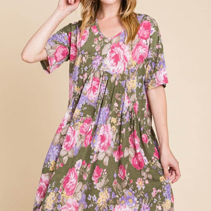 BOMBOM Flower Print V-Neck Ruched Dress - MimiStylez