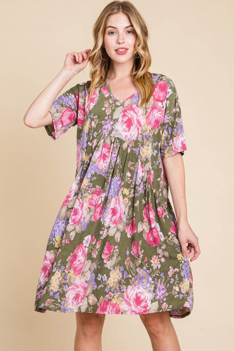 BOMBOM Flower Print V-Neck Ruched Dress - MimiStylez