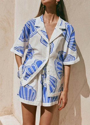 Printed Button Up Shirt and Shorts Set - MimiStylez