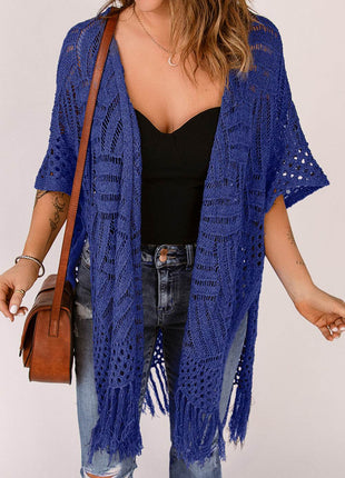Openwork Open Front Cardigan with Fringes - MimiStylez