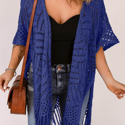 Openwork Open Front Cardigan with Fringes - MimiStylez