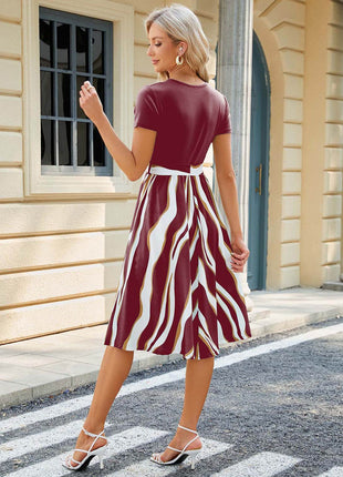 Printed Tie Waist Short Sleeve Dress - MimiStylez