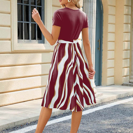 Printed Tie Waist Short Sleeve Dress - MimiStylez
