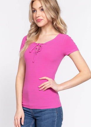 ACTIVE BASIC Lace Up Short Sleeve Rib Knit T-Shirt - MimiStylez
