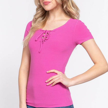 ACTIVE BASIC Lace Up Short Sleeve Rib Knit T-Shirt - MimiStylez