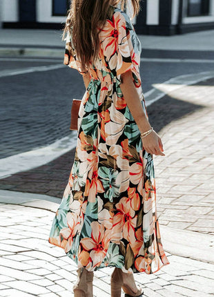 Floral Plunge Half Sleeve Dress - MimiStylez