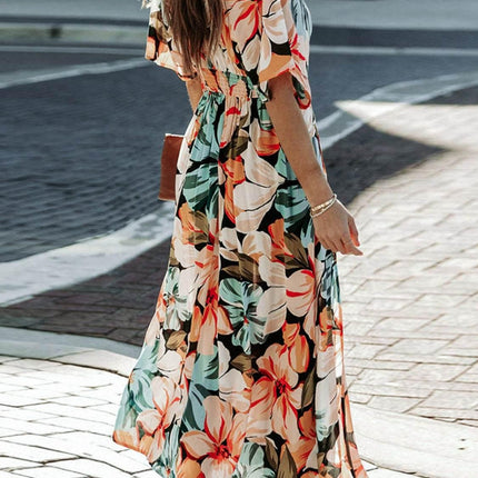 Floral Plunge Half Sleeve Dress - MimiStylez