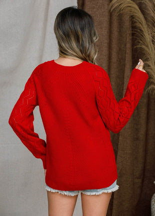 Openwork Round Neck Raglan Sleeve Sweater - MimiStylez