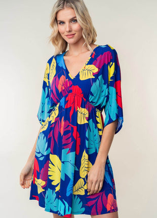 White Birch Full Size Printed V-Neck Mini Dress - MimiStylez