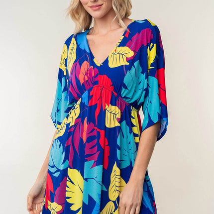 White Birch Full Size Printed V-Neck Mini Dress - MimiStylez