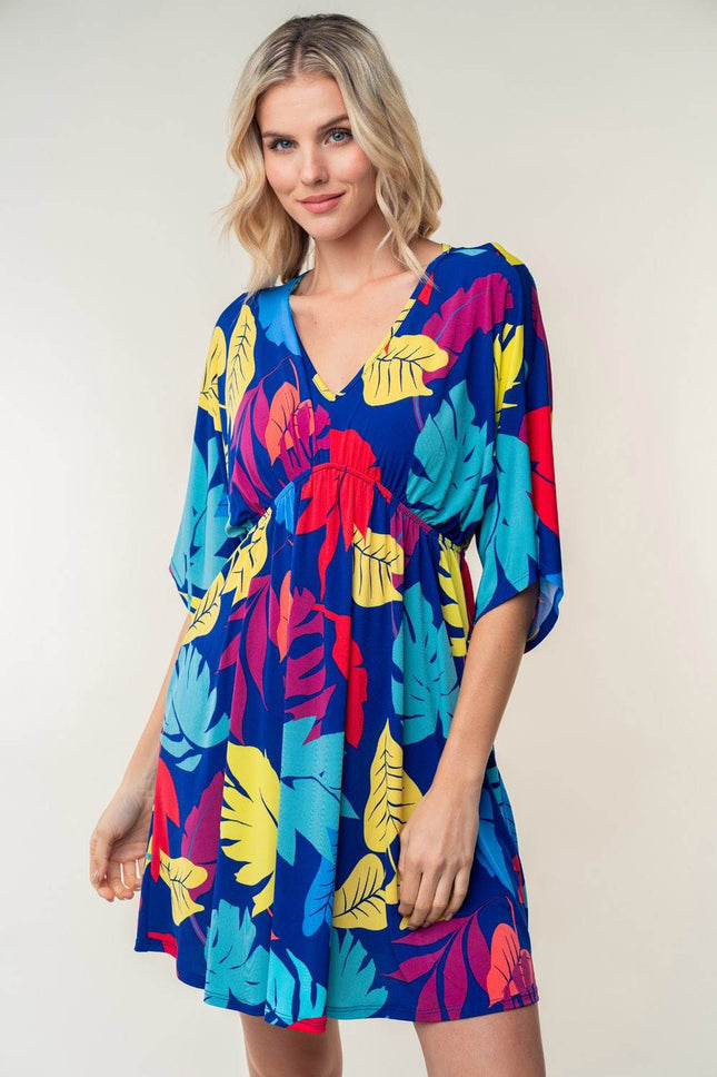 White Birch Full Size Printed V-Neck Mini Dress - MimiStylez
