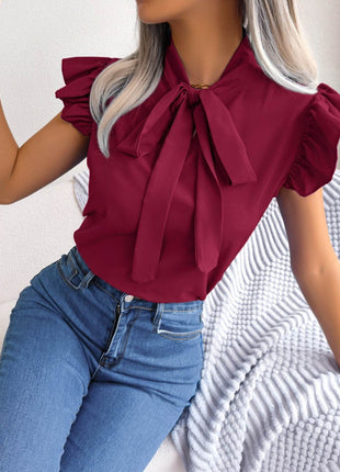 Tie Neck Cap Sleeve Blouse - MimiStylez
