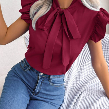 Tie Neck Cap Sleeve Blouse - MimiStylez