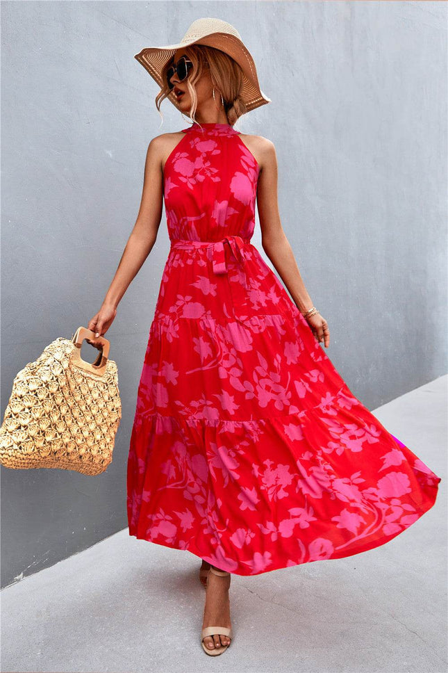 Printed Sleeveless Tie Waist Maxi Dress - MimiStylez