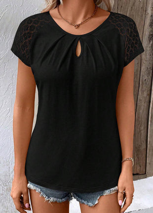 Cutout Round Neck Lace Short Sleeve T-Shirt - MimiStylez