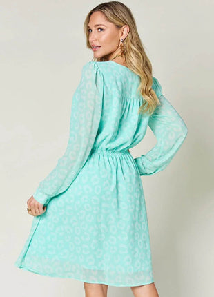 Double Take Full Size Printed Ruched V-Neck Long Sleeve Dress - MimiStylez