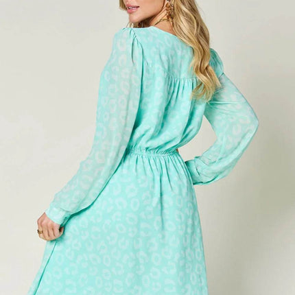 Double Take Full Size Printed Ruched V-Neck Long Sleeve Dress - MimiStylez
