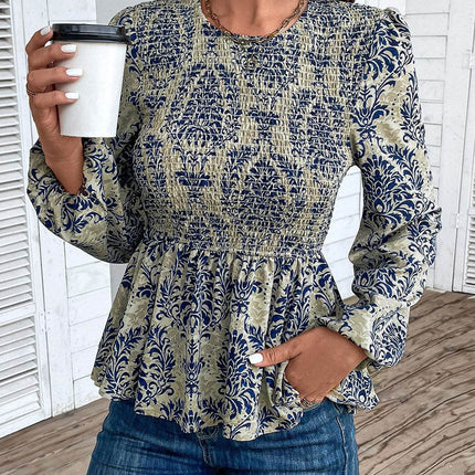 Smocked Printed Balloon Sleeve Blouse - MimiStylez